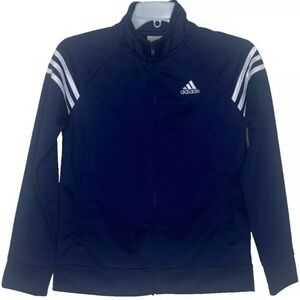 Adidas Boys Track JacketM (10-12) Navy Blue White Striped Shoulders Full Zip-Up